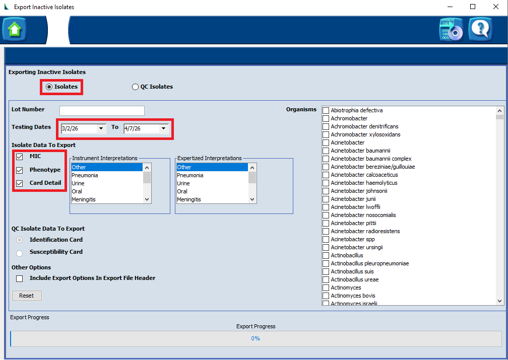 Configure export screen